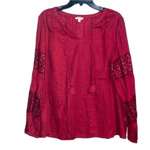 •SONOMA•NWOT RED BANDANNA V NECK TASSEL LONG SLEEVE BLOUSE SIZE LARGE